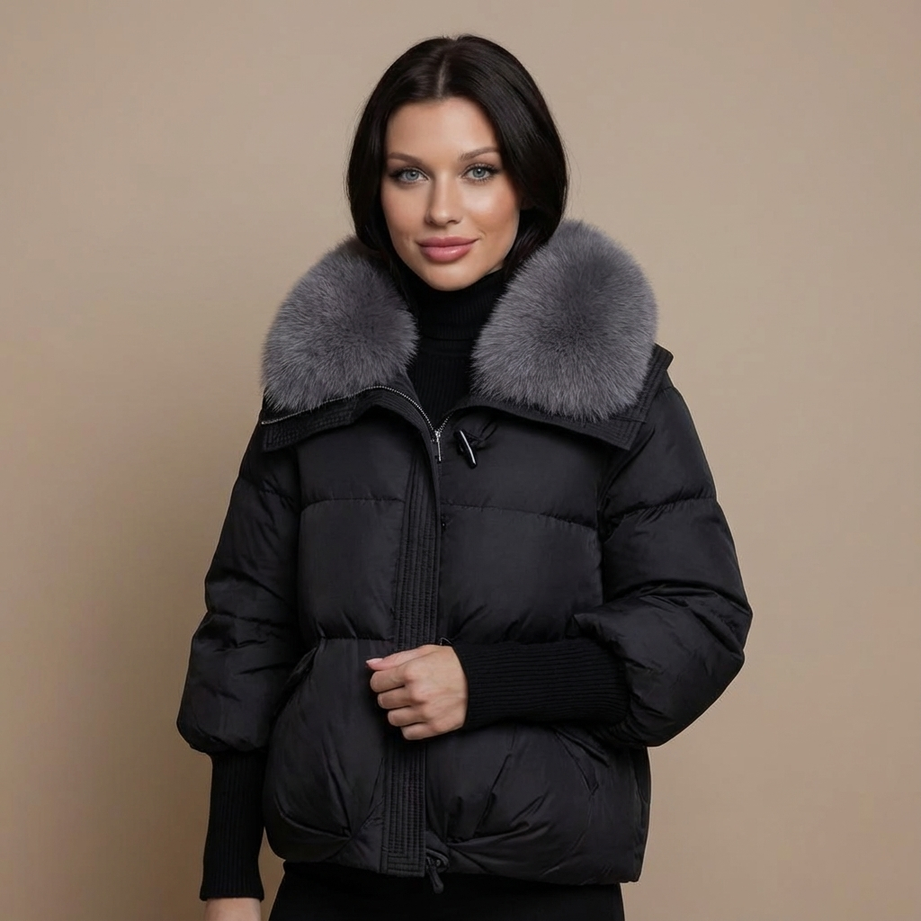 Kurtka Zimowa Damska Krótka z Futrzanym Kołnierzem Pikowana