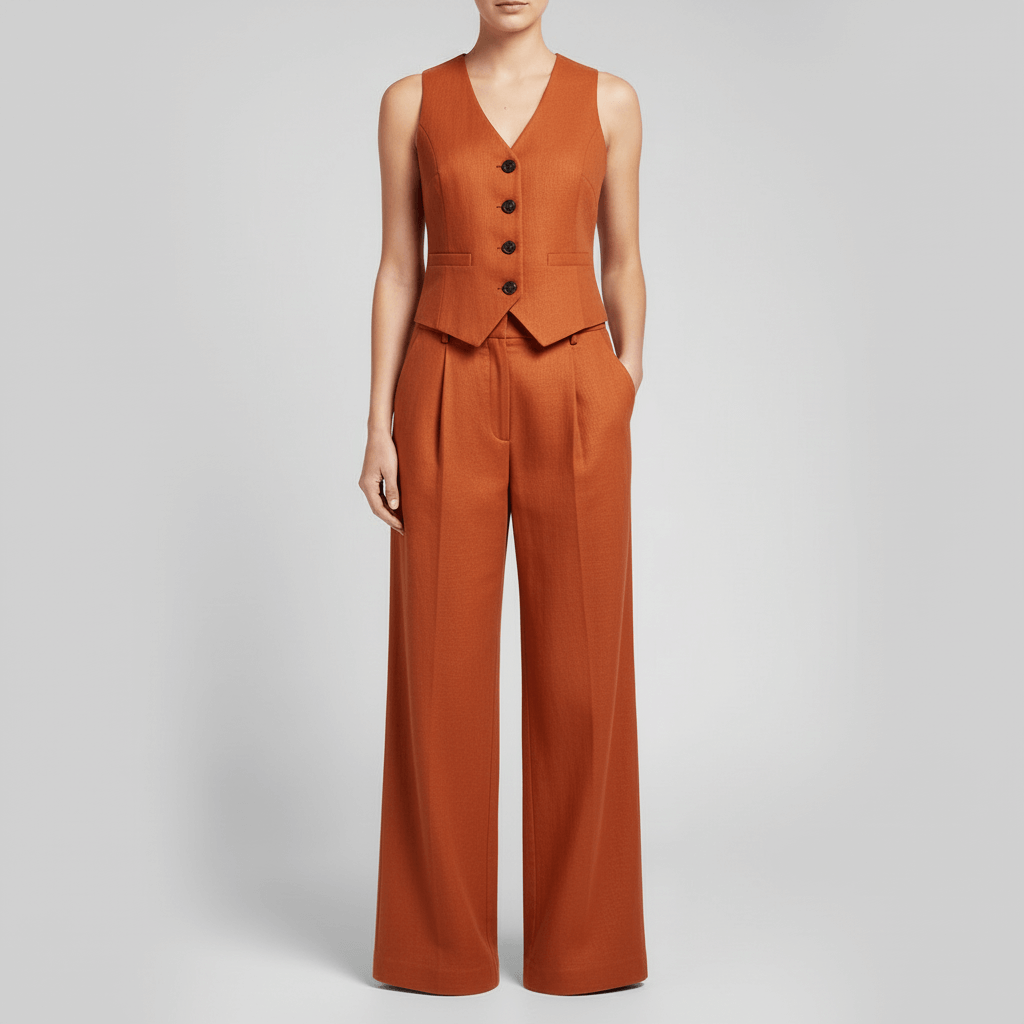 Lizizo | Strukturalna kamizelka i szerokie nogawki zestaw lniany