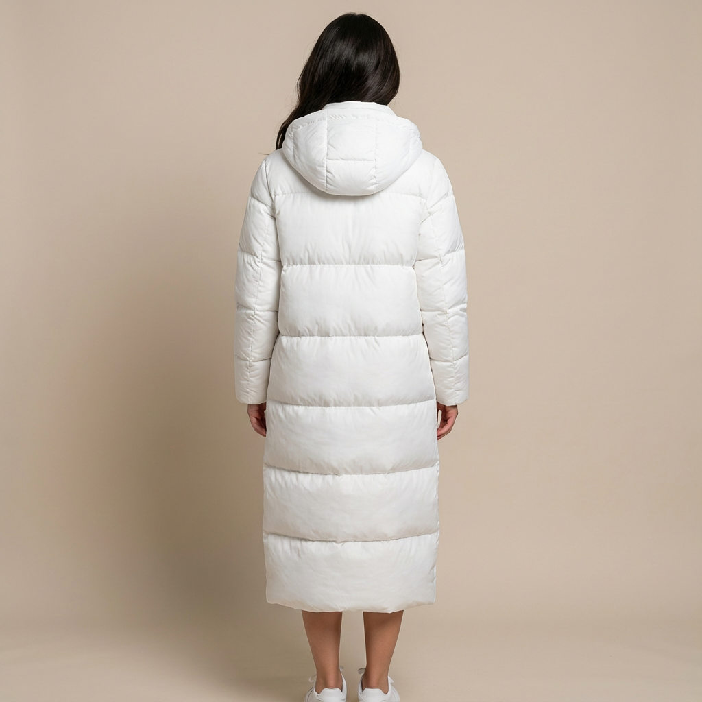 Płaszcz Zimowy Damski Długi Pikowany Maxi z Kapturem