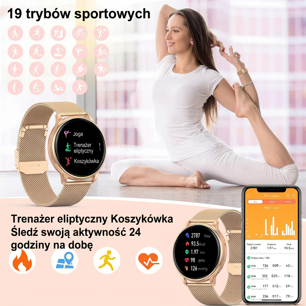 Smartwatch dla Kobiet z Monitorowaniem Tętna i Funkcją Fitness – Wodoodporny, Bluetooth, Kompatybilny z iOS i Android