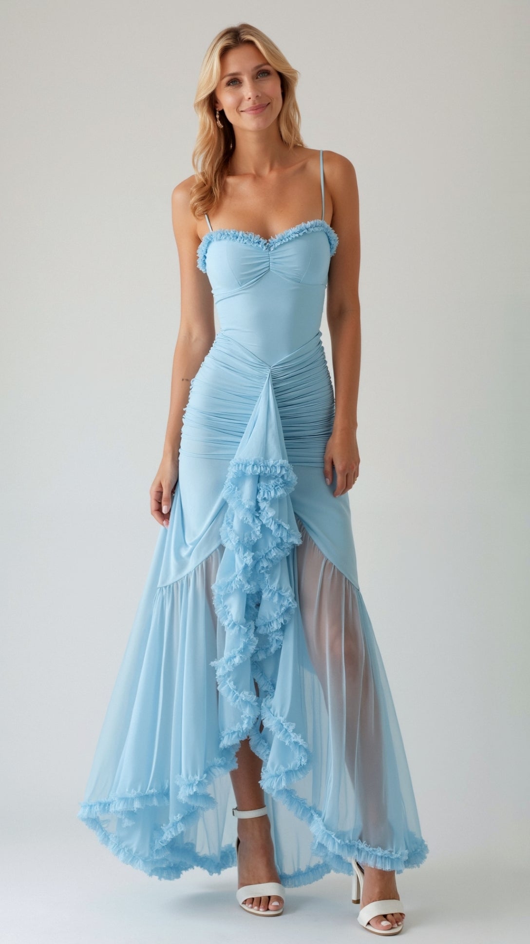 Sukienka Maxi Na Wesele Damska Asymetryczna Dół Falbany Wisteria Gown Poliester 10