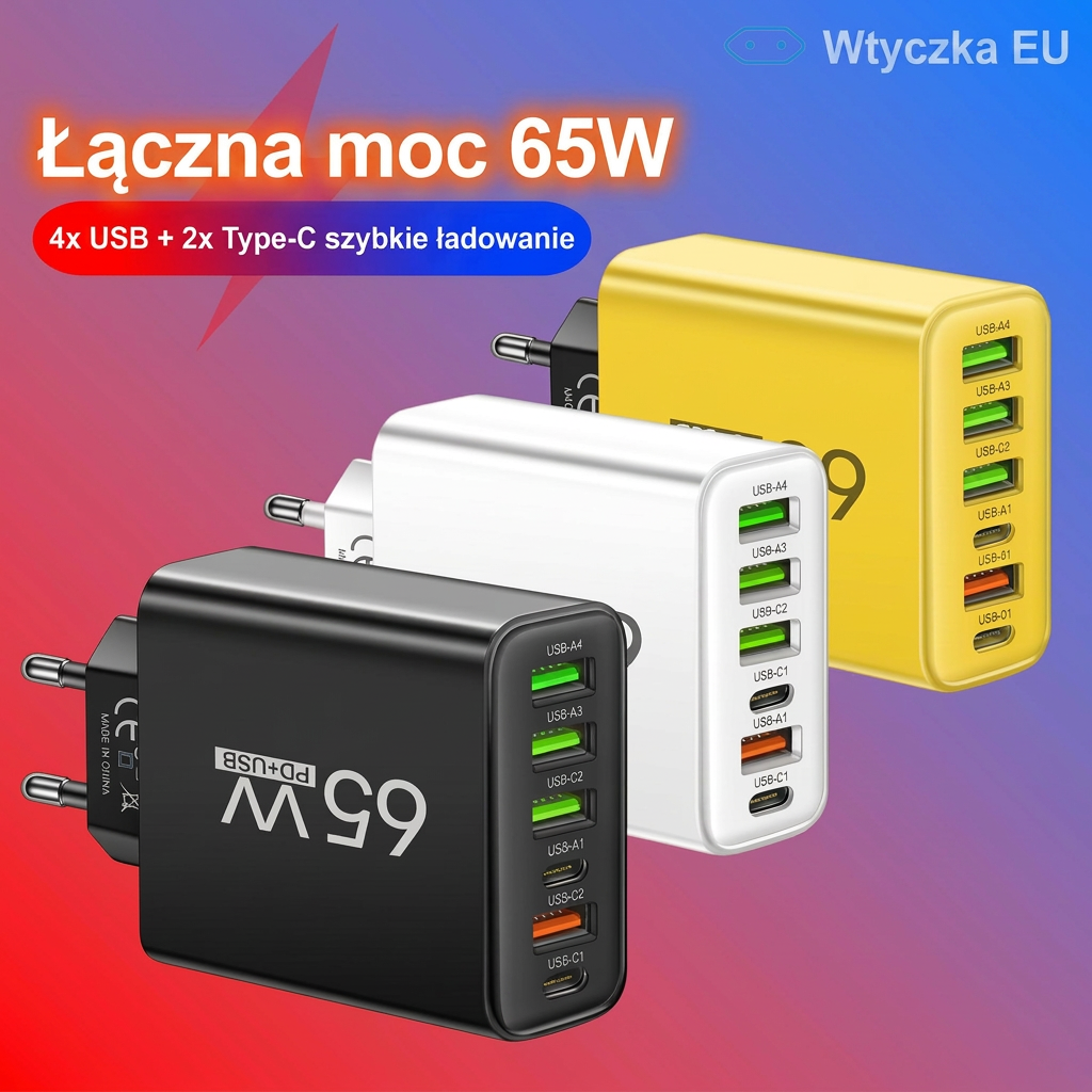 Szybka Ładowarka Sieciowa 65W Multiport | Ładowarka USB C i USB A na 6 Urządzeń do Telefonu i Laptopa