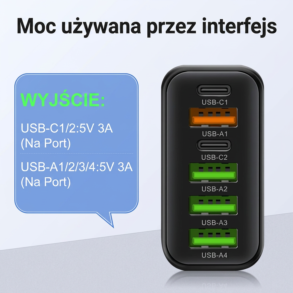 Szybka Ładowarka Sieciowa 65W Multiport | Ładowarka USB C i USB A na 6 Urządzeń do Telefonu i Laptopa