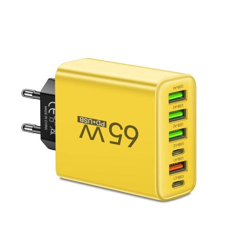 Szybka Ładowarka Sieciowa 65W Multiport | Ładowarka USB C i USB A na 6 Urządzeń do Telefonu i Laptopa