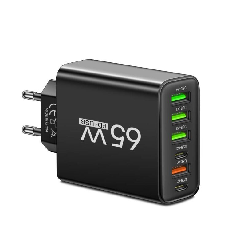 Szybka Ładowarka Sieciowa 65W Multiport | Ładowarka USB C i USB A na 6 Urządzeń do Telefonu i Laptopa