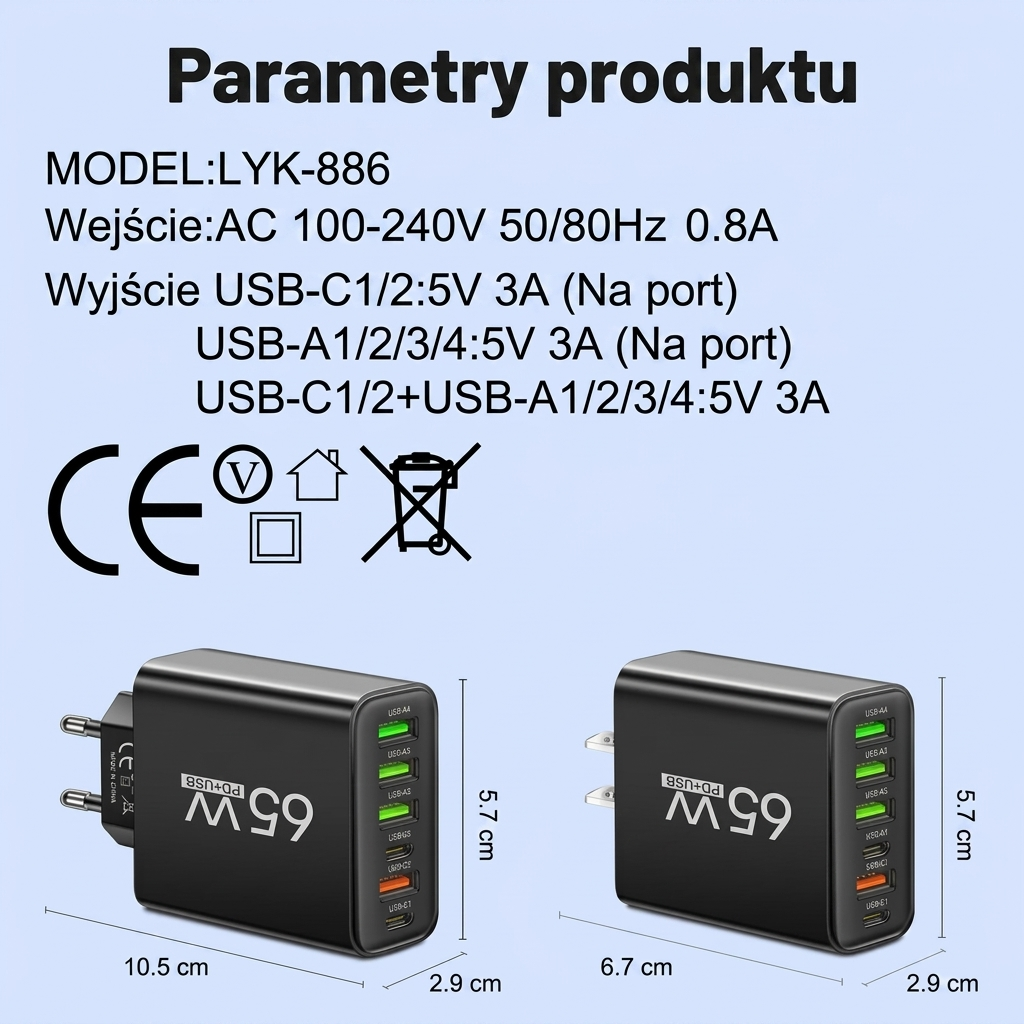 Szybka Ładowarka Sieciowa 65W Multiport | Ładowarka USB C i USB A na 6 Urządzeń do Telefonu i Laptopa