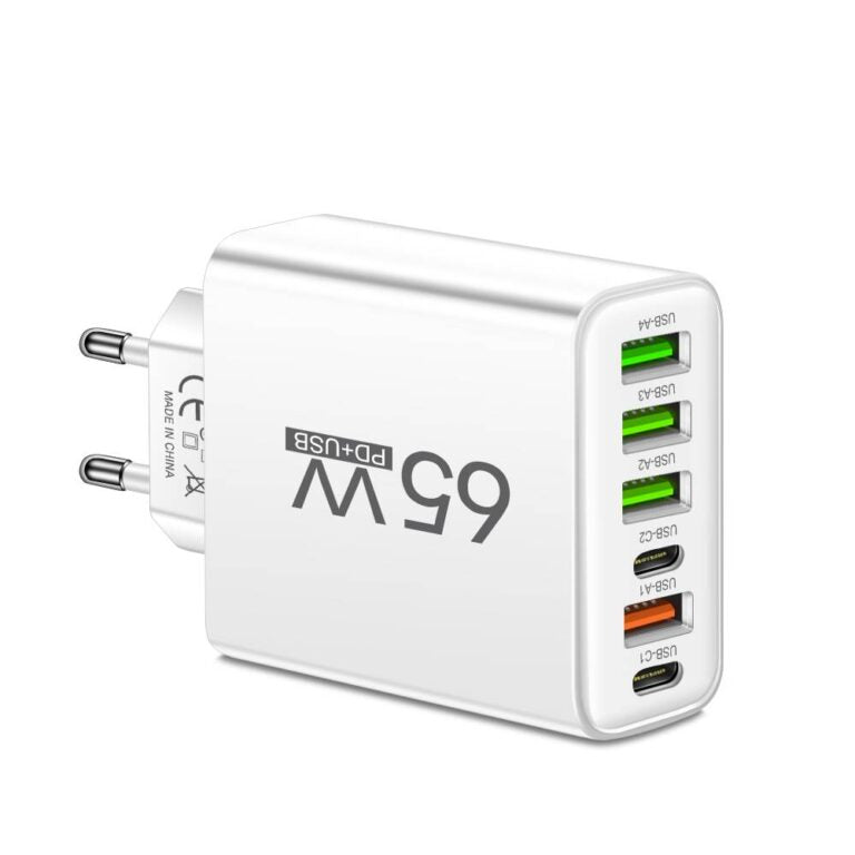 Szybka Ładowarka Sieciowa 65W Multiport | Ładowarka USB C i USB A na 6 Urządzeń do Telefonu i Laptopa