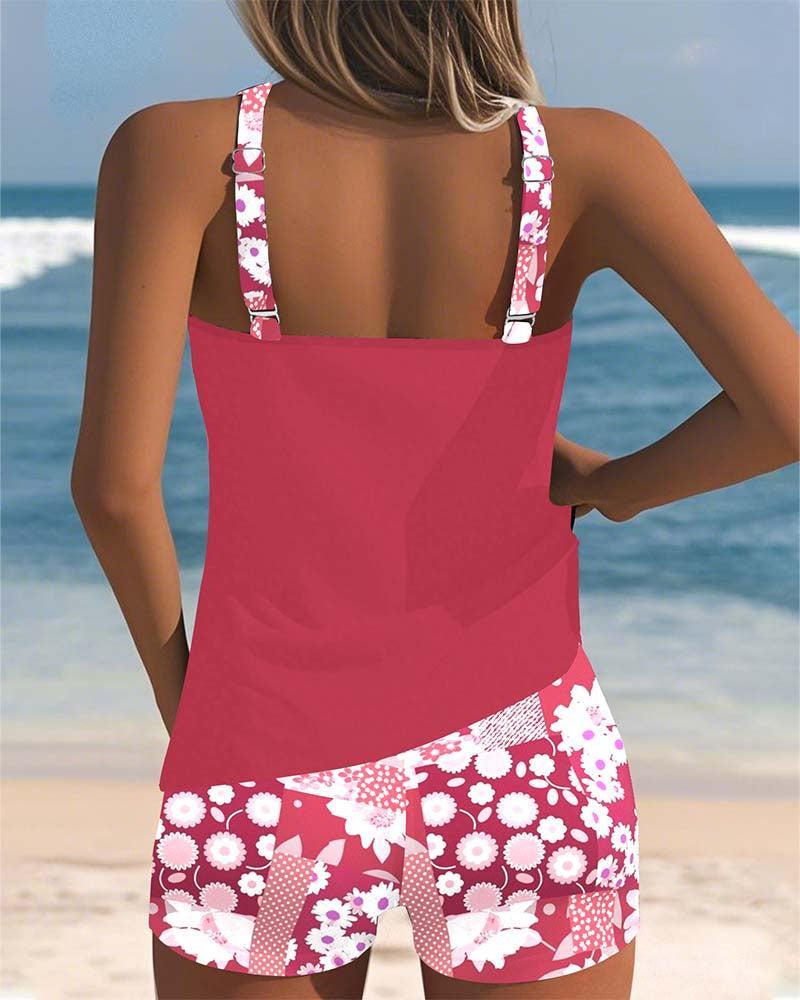 Tankini Damskie ze Spodenkami | Dwuczęściowy Strój Kąpielowy – Modny Wzór w Kwiaty Luźny Krój Tuszujący Brzuch