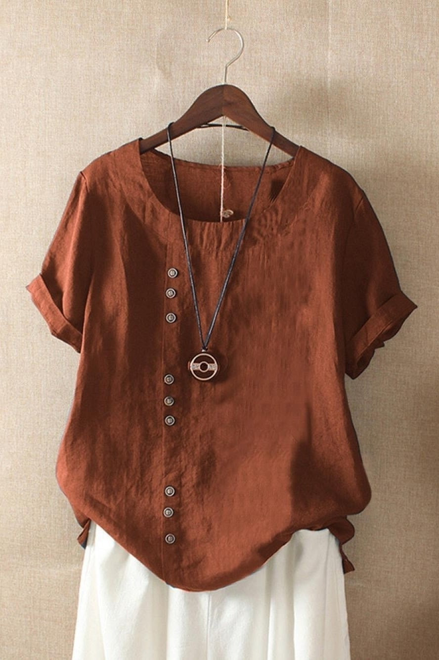 Bluzka damska z krótkim rękawem i okrągłym dekoltem, z ozdobnymi guzikami, na lato i do biura - Pomarańczowy