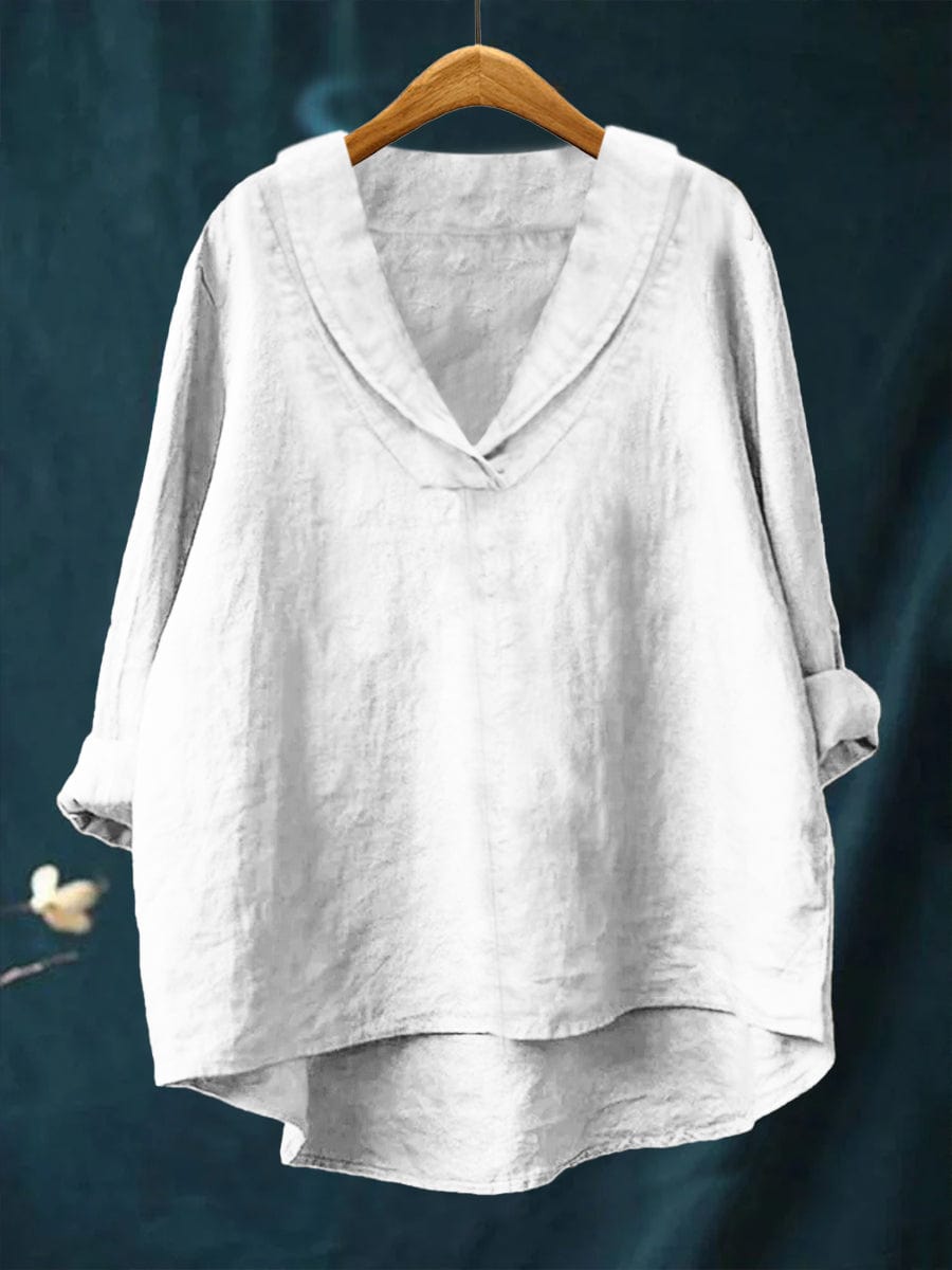 Elegancka bluzka lniana damska oversize z dekoltem V i długim rękawem, na lato - Biały