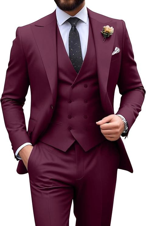 Garnitur męski slim fit trzyczęściowy z kamizelką, na wesele i studniówkę - Bordowy