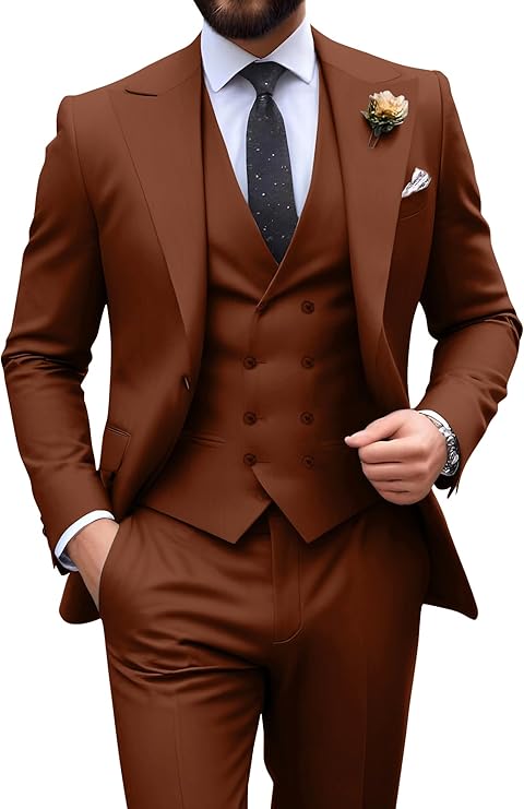 Garnitur męski slim fit trzyczęściowy z kamizelką, na wesele i studniówkę - Ciemnobrązowy