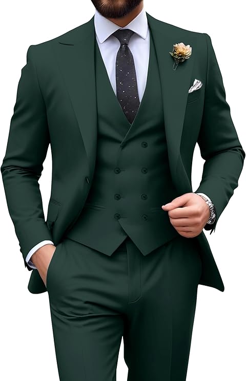 Garnitur męski slim fit trzyczęściowy z kamizelką, na wesele i studniówkę - Ciemnozielony