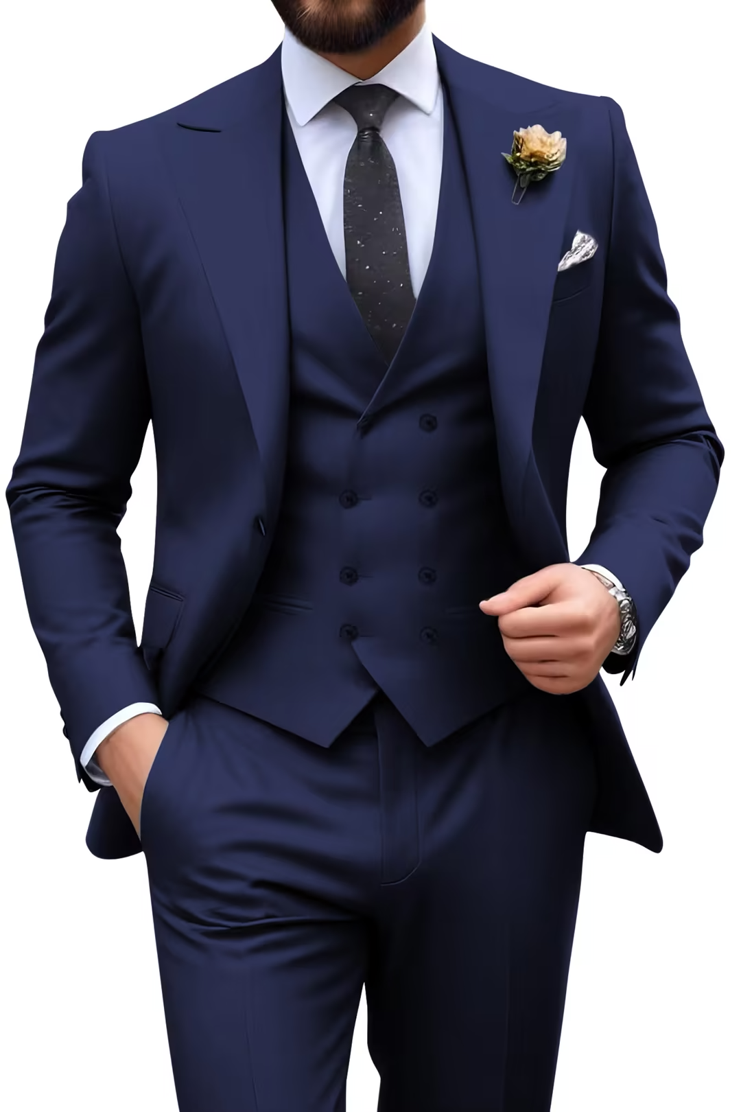 Garnitur męski slim fit trzyczęściowy z kamizelką, na wesele i studniówkę - Granatowy