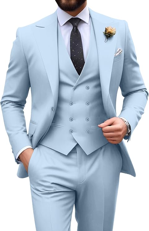 Garnitur męski slim fit trzyczęściowy z kamizelką, na wesele i studniówkę - Jasnoniebieski