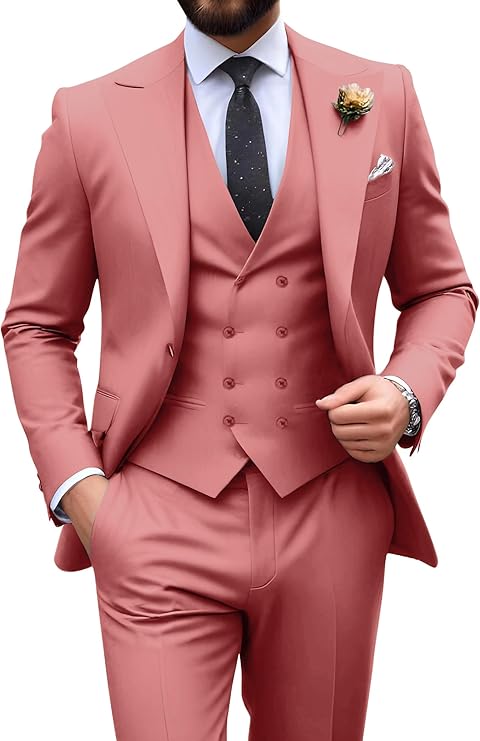 Garnitur męski slim fit trzyczęściowy z kamizelką, na wesele i studniówkę - Koralowy