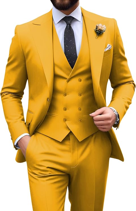 Garnitur męski slim fit trzyczęściowy z kamizelką, na wesele i studniówkę - Musztardowy żółty