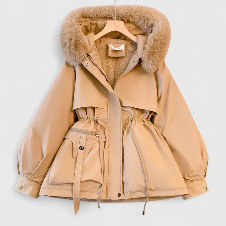 Kurtka zimowa damska parka z futerkiem i kapturem, ocieplana i elegancka - Khaki