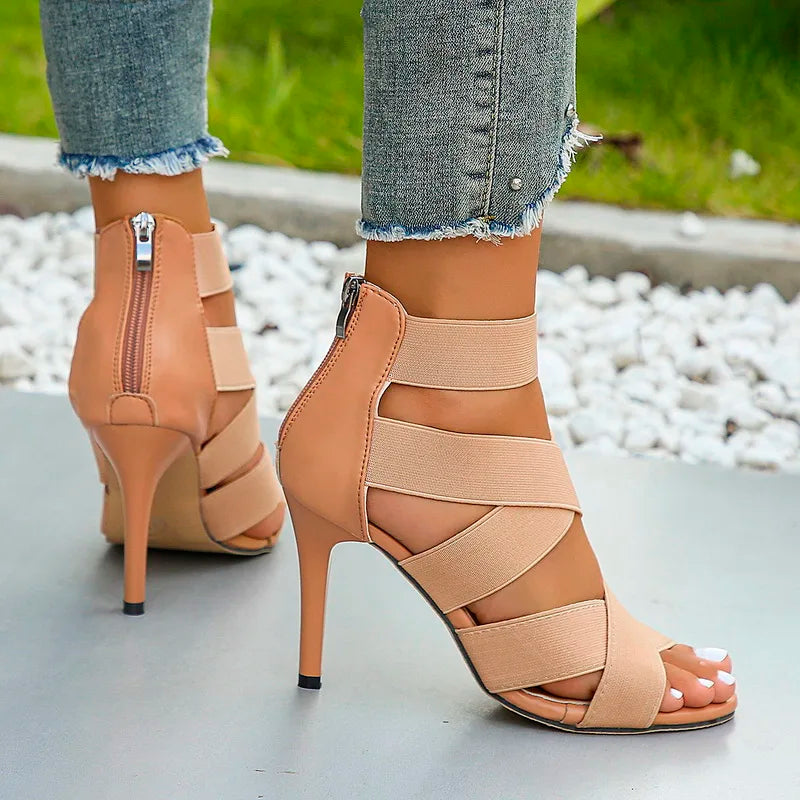 Sandały damskie na szpilce z elastycznymi paskami i zamkiem z tyłu, eleganckie na lato i na wesele - view 6