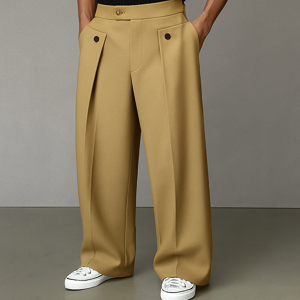 Spodnie męskie szerokie z wysokim stanem i zakładkami, materiałowe eleganckie - Khaki