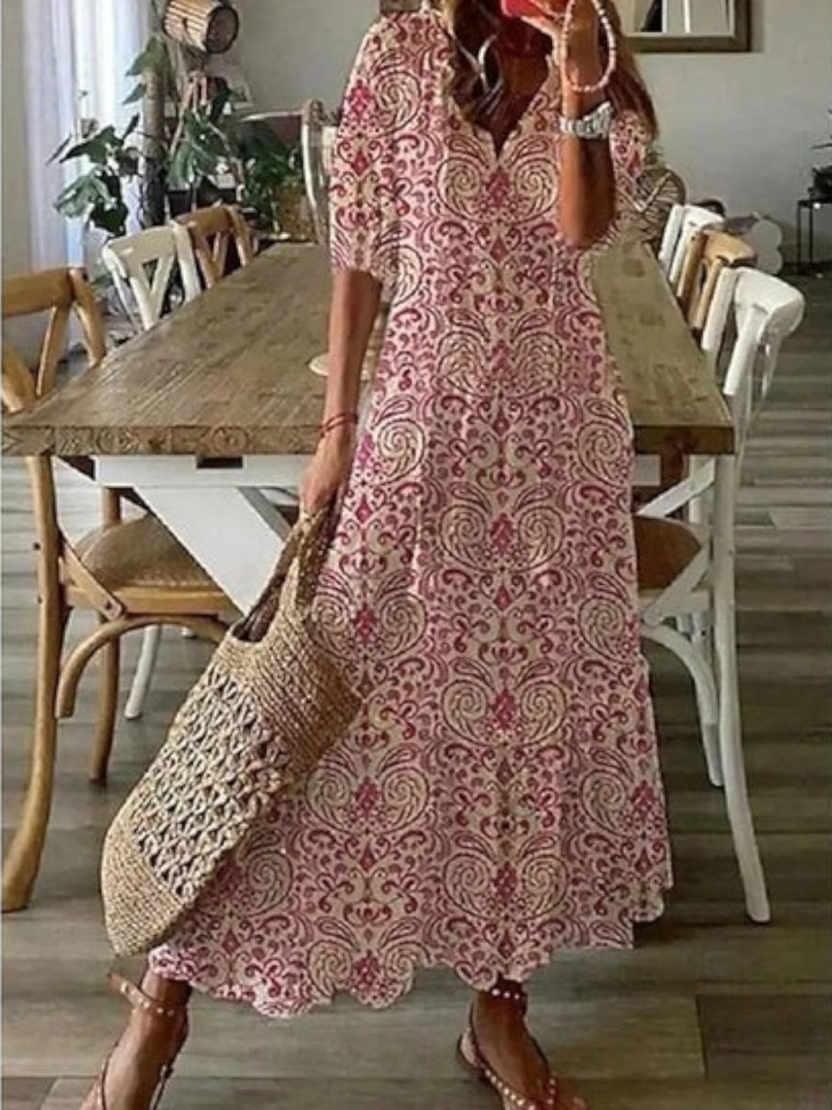 Sukienka damska maxi w kwiaty z dekoltem V, boho na lato i na plażę - Czerwony
