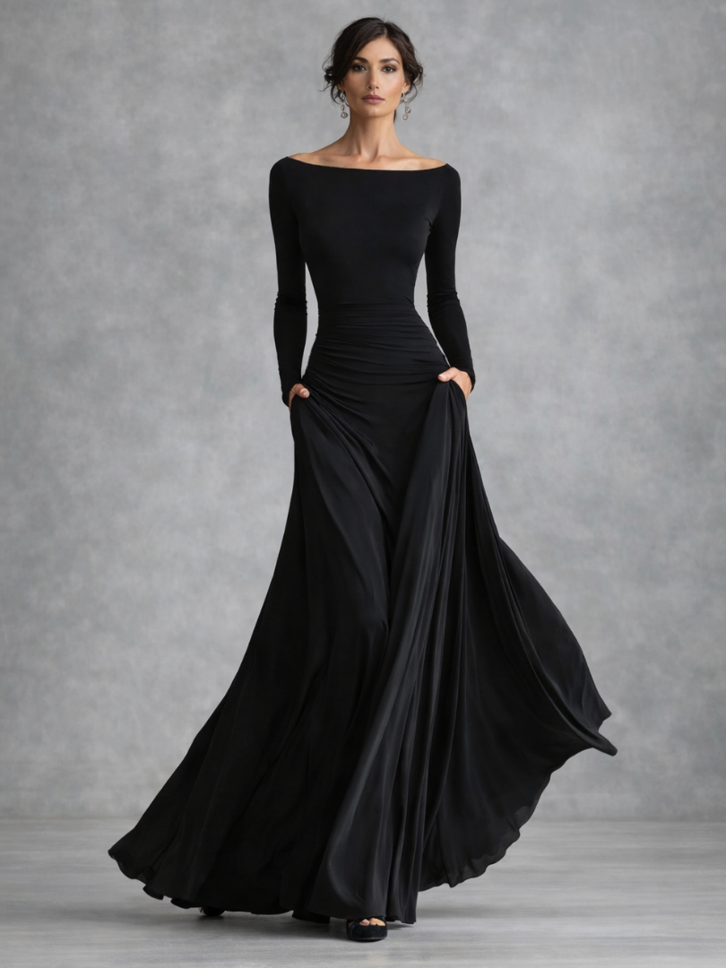 Sukienka maxi damska z długim rękawem, drapowana z dekoltem łódka, elegancka na wesele - Czarny