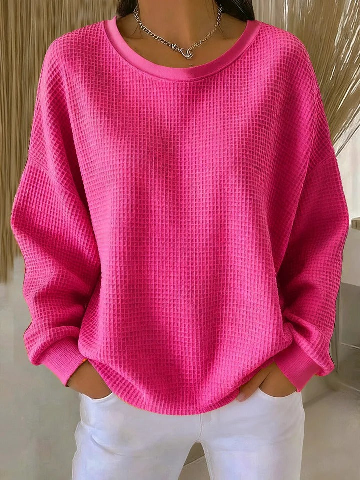 Sweter damski oversize z okrągłym dekoltem, luźny dzianinowy na co dzień i na jesień - Jaskrawy róż