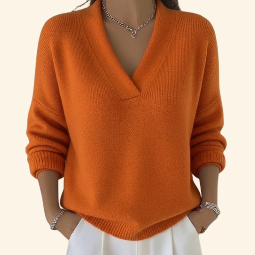 Sweter damski z dekoltem V, elegancki i luźny, na jesień i na co dzień - Pomarańczowy