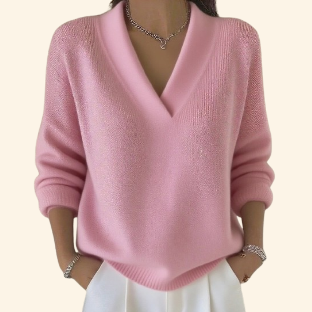Sweter damski z dekoltem V, elegancki i luźny, na jesień i na co dzień - Różowy