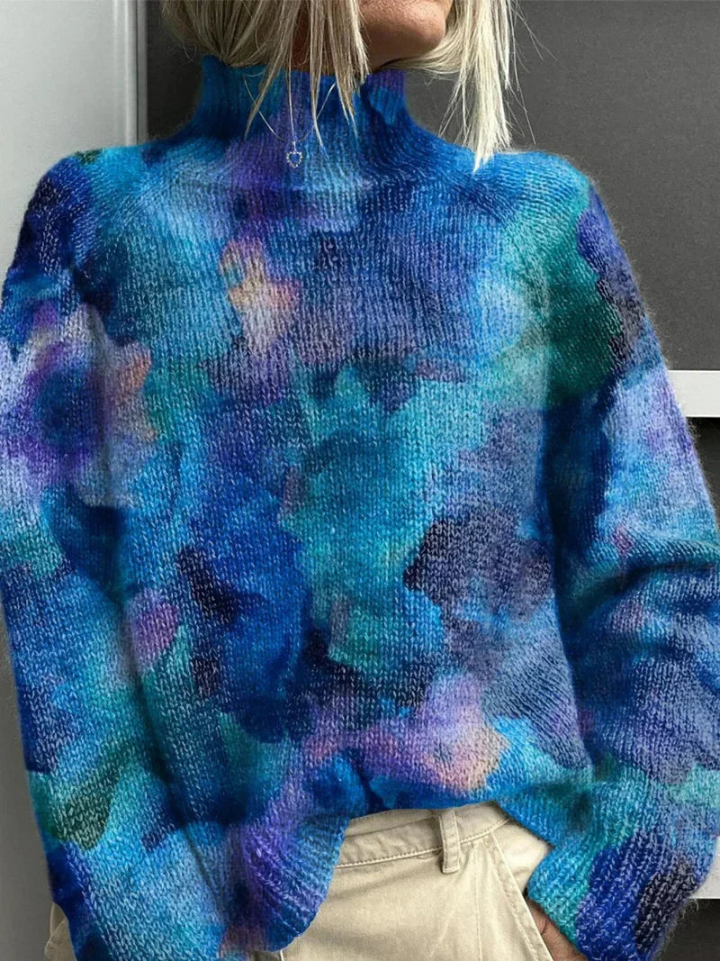 Sweter damski z golfem, oversize, ciepły dzianinowy na zimę - Niebieski