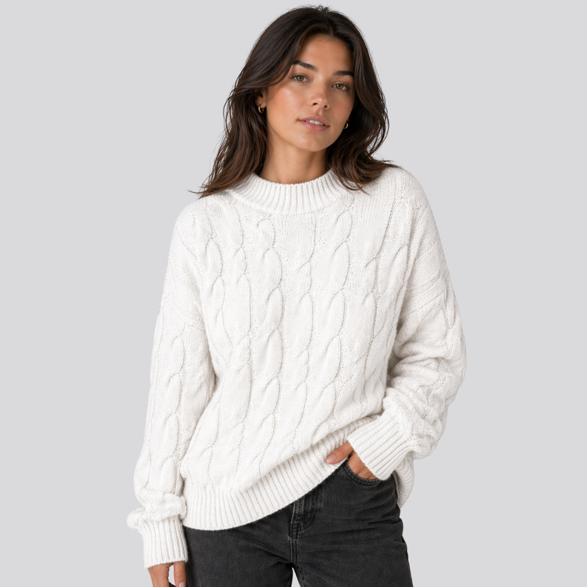 Sweter damski z wełny merino, warkoczowy splot, oversize, na jesień i zimę - Biały