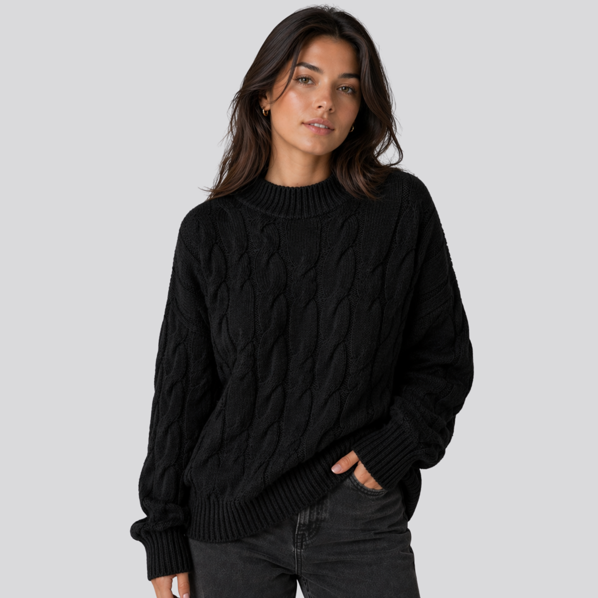 Sweter damski z wełny merino, warkoczowy splot, oversize, na jesień i zimę - Czarny