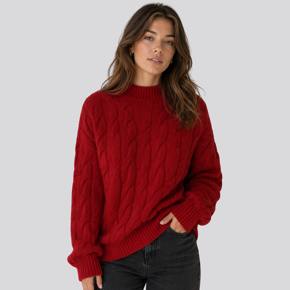 Sweter damski z wełny merino, warkoczowy splot, oversize, na jesień i zimę - Czerwony
