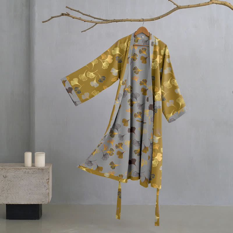 Szlafrok damski bawełniany w liście ginkgo, kimono do domu i na relaks - view 1
