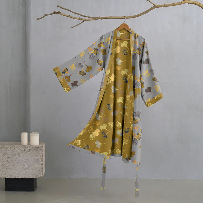 Szlafrok damski bawełniany w liście ginkgo, kimono do domu i na relaks - view 13