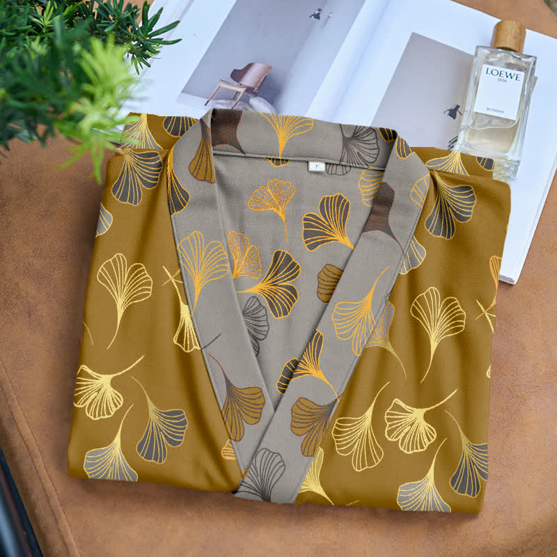 Szlafrok damski bawełniany w liście ginkgo, kimono do domu i na relaks - view 2