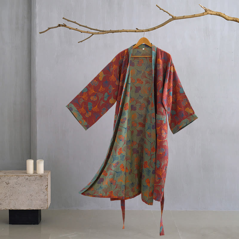 Szlafrok damski bawełniany w liście ginkgo, kimono do domu i na relaks - view 20