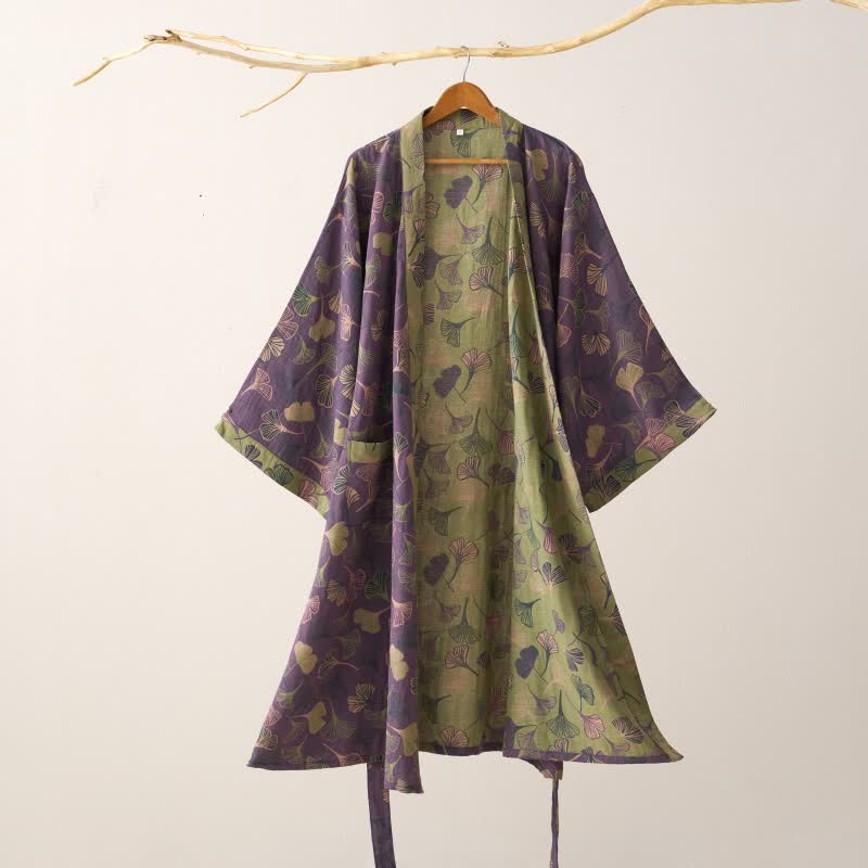 Szlafrok damski bawełniany w liście ginkgo, kimono do domu i na relaks - view 4