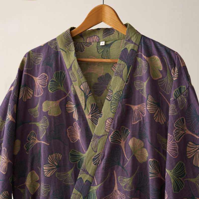 Szlafrok damski bawełniany w liście ginkgo, kimono do domu i na relaks - view 6