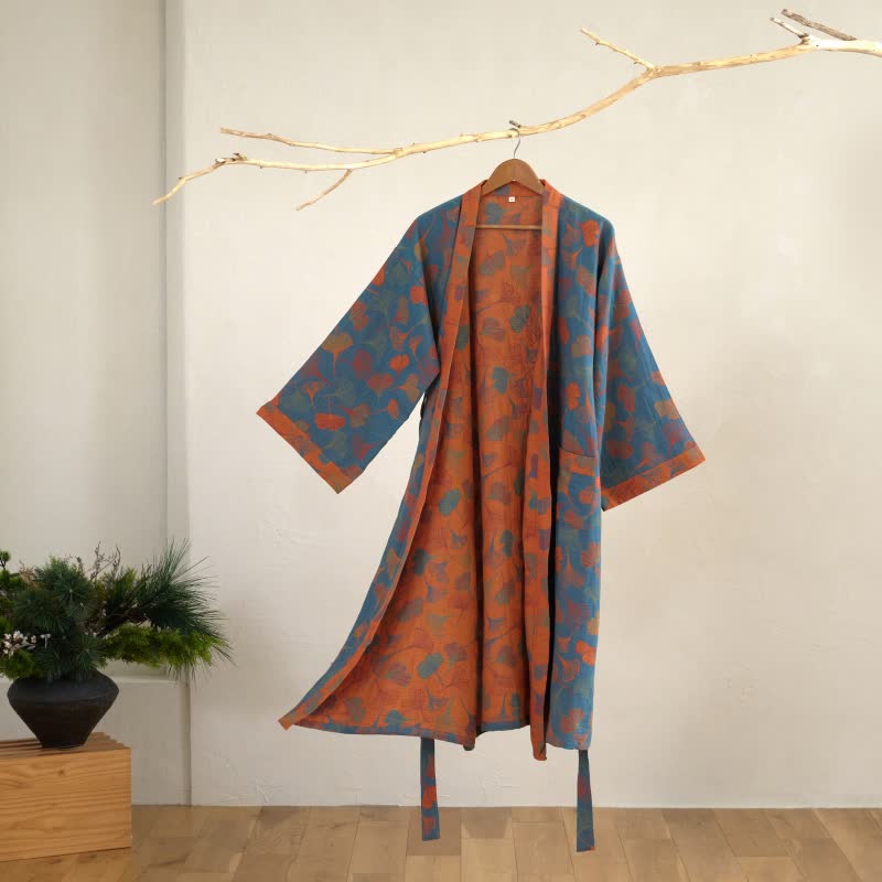 Szlafrok damski bawełniany w liście ginkgo, kimono do domu i na relaks - view 9