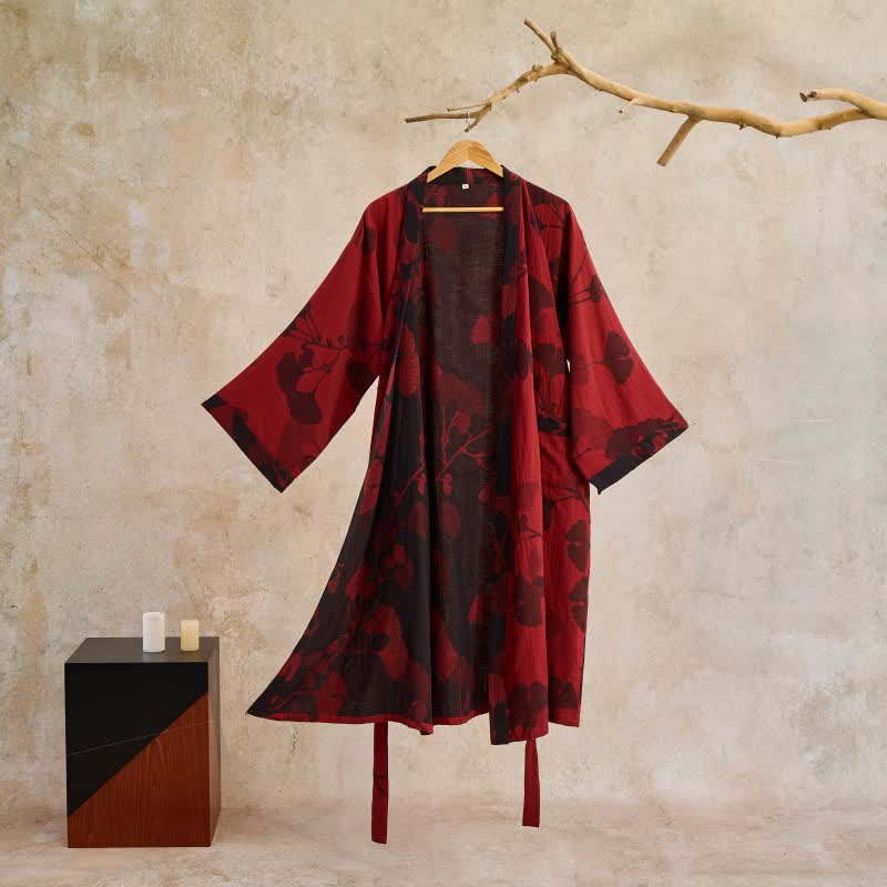 Szlafrok kimono damski bawełniany z nadrukiem ginkgo, dwustronny i wiązany w pasie - view 11