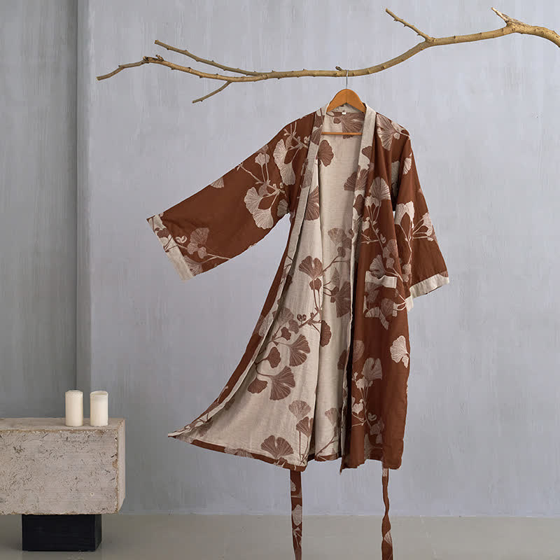Szlafrok kimono damski bawełniany z nadrukiem ginkgo, dwustronny i wiązany w pasie - view 13