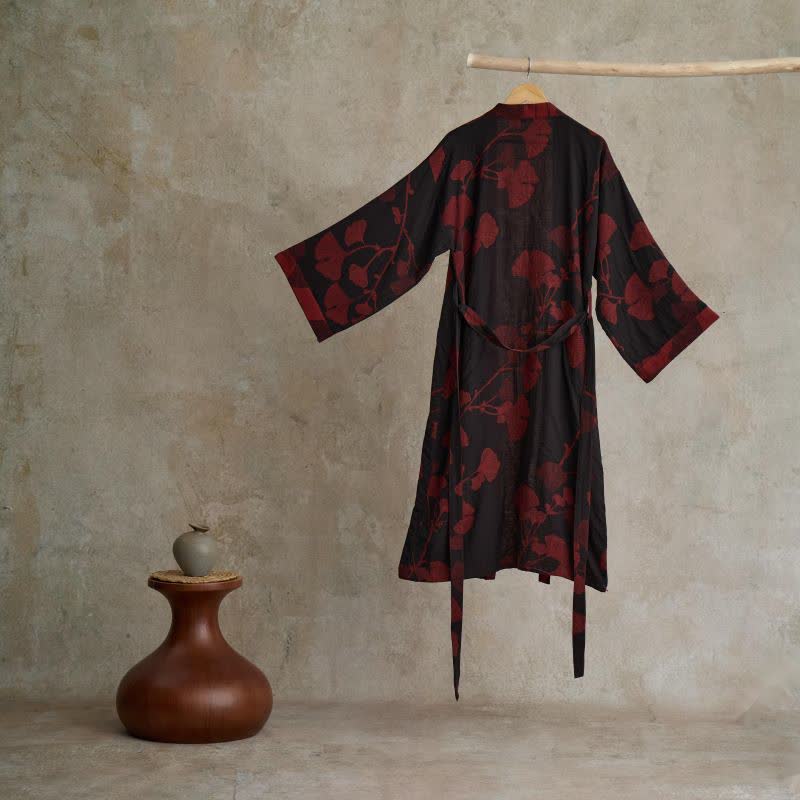 Szlafrok kimono damski bawełniany z nadrukiem ginkgo, dwustronny i wiązany w pasie - view 2
