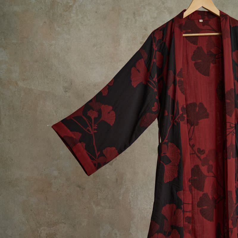 Szlafrok kimono damski bawełniany z nadrukiem ginkgo, dwustronny i wiązany w pasie - view 4