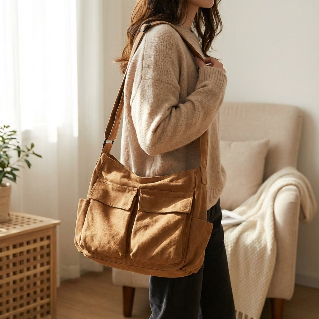 Torba damska na ramię z płótna, organizer z wieloma kieszeniami, crossbody - view 5