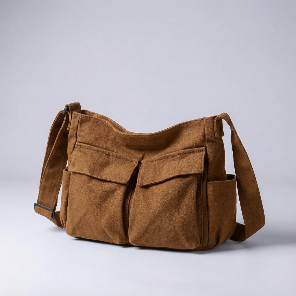 Torba damska na ramię z płótna, organizer z wieloma kieszeniami, crossbody - Brązowy