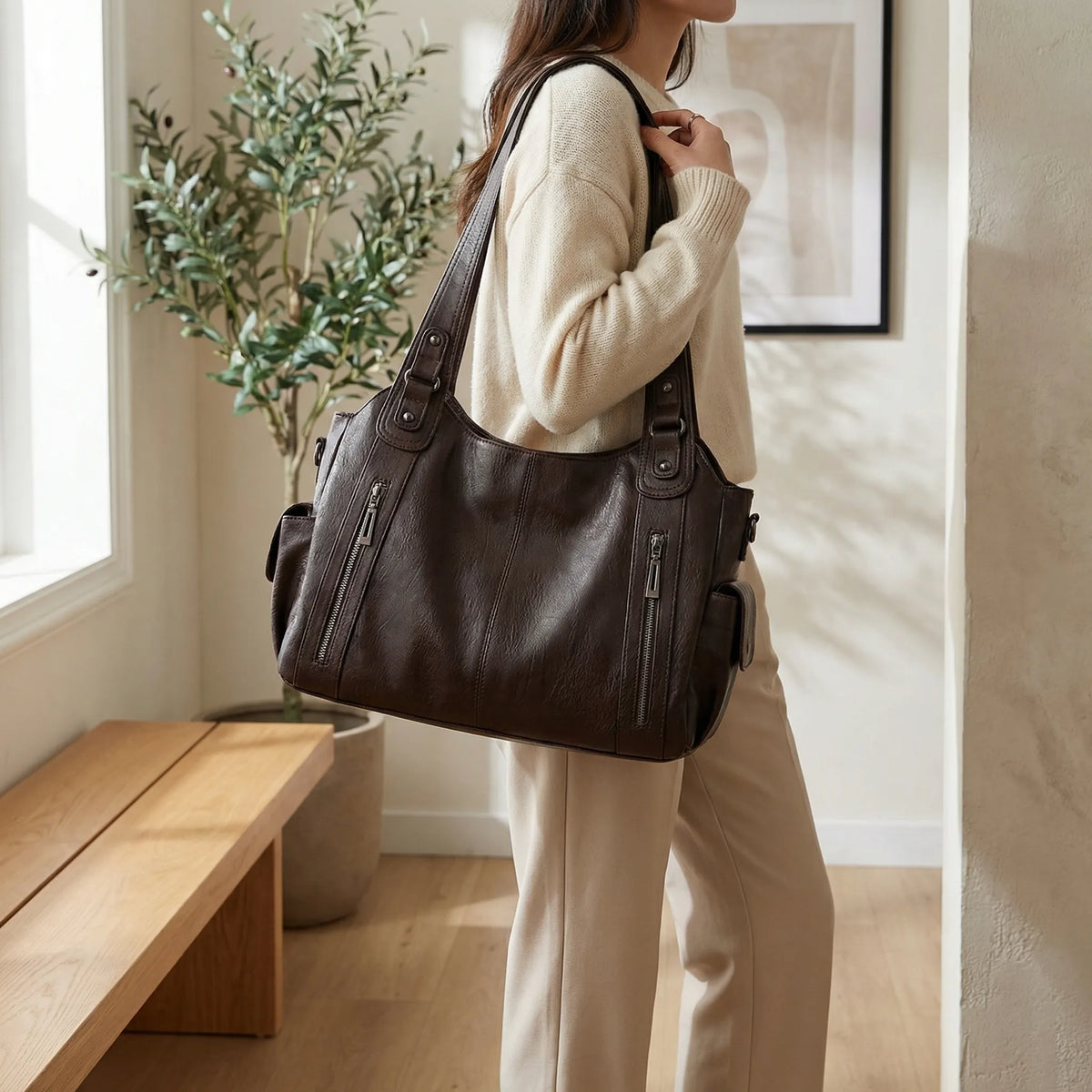 Torebka damska na ramię z ekoskóry, duża torba crossbody z kieszeniami, do pracy i na co dzień - view 4