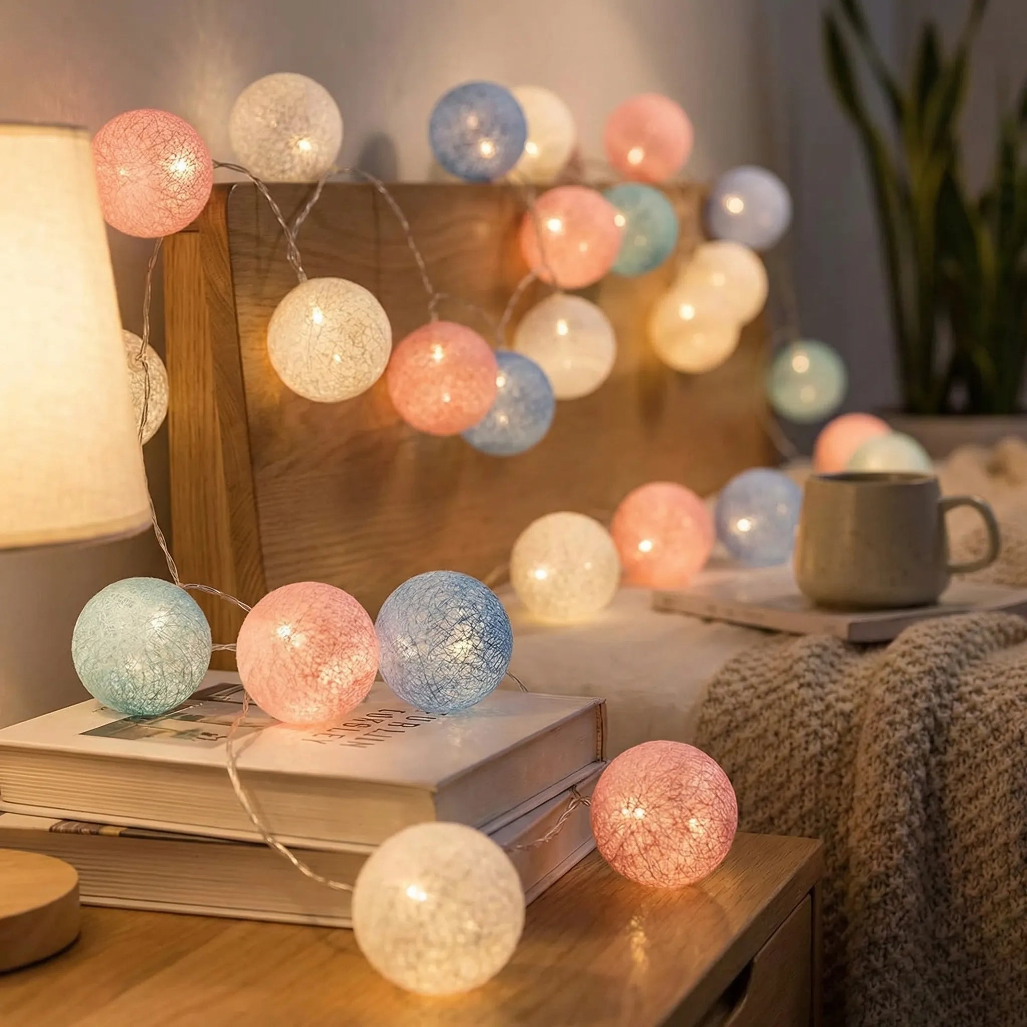 Girlanda Świetlna LED Cotton Balls - Sznur Lampek do Sypialni i Pokoju Dziecka | Przytulne Oświetlenie Dekoracyjne na Baterie i USB