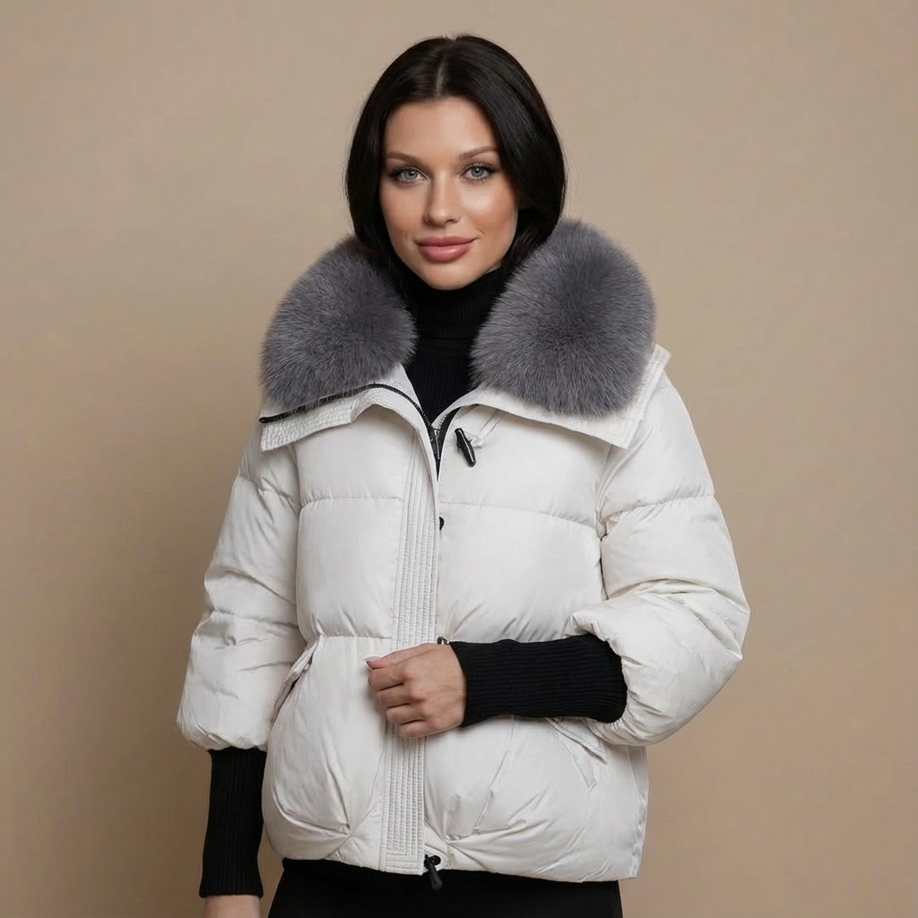 Kurtka Zimowa Damska Krótka z Futrzanym Kołnierzem Pikowana