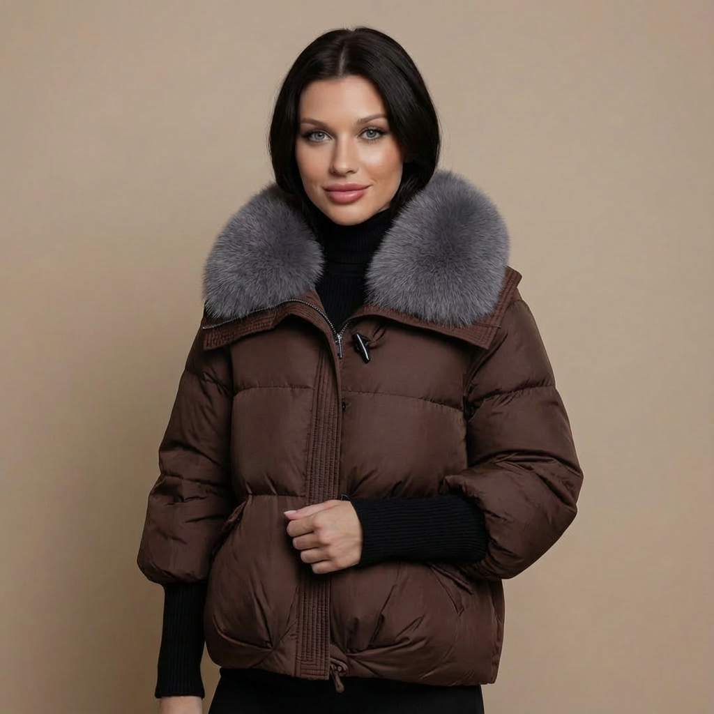 Kurtka Zimowa Damska Krótka z Futrzanym Kołnierzem Pikowana